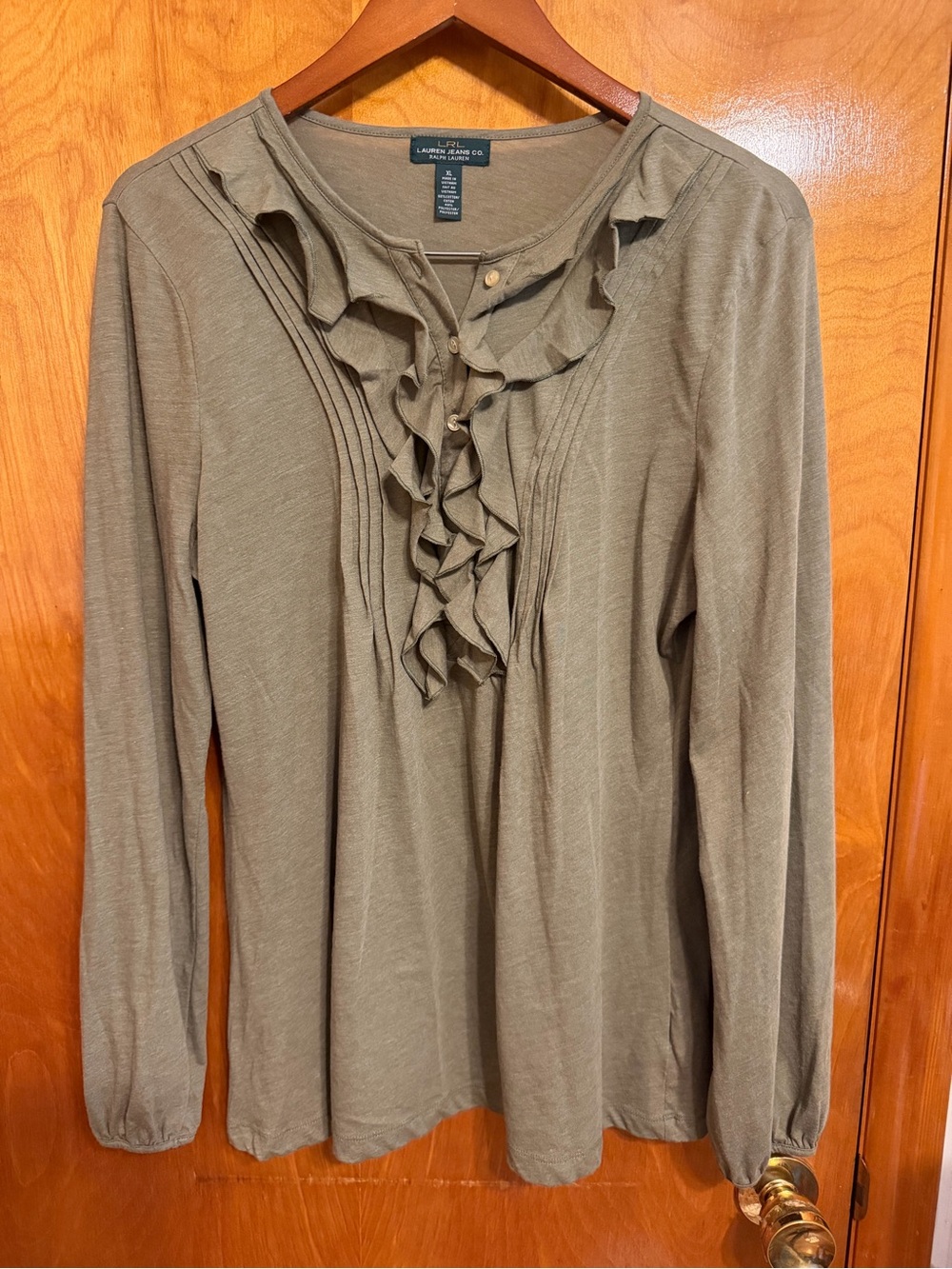 Ralph Lauren Olive Green Ruffle-Front Long Sleeve Tee